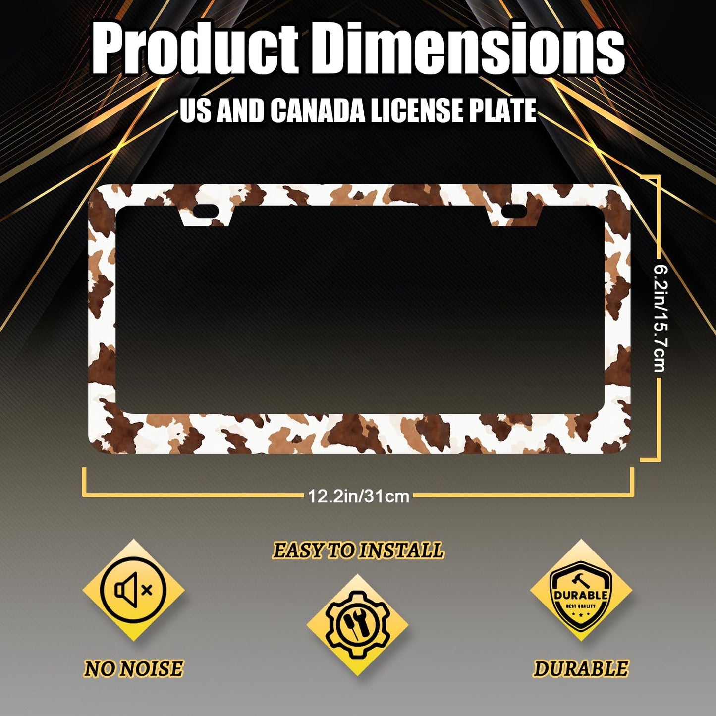 Brown White Cows Print License Plate Frame Animals License Plate Holder Stainless Steel Funny Design with 2 Holes and Screws 12.3" x 6.3"