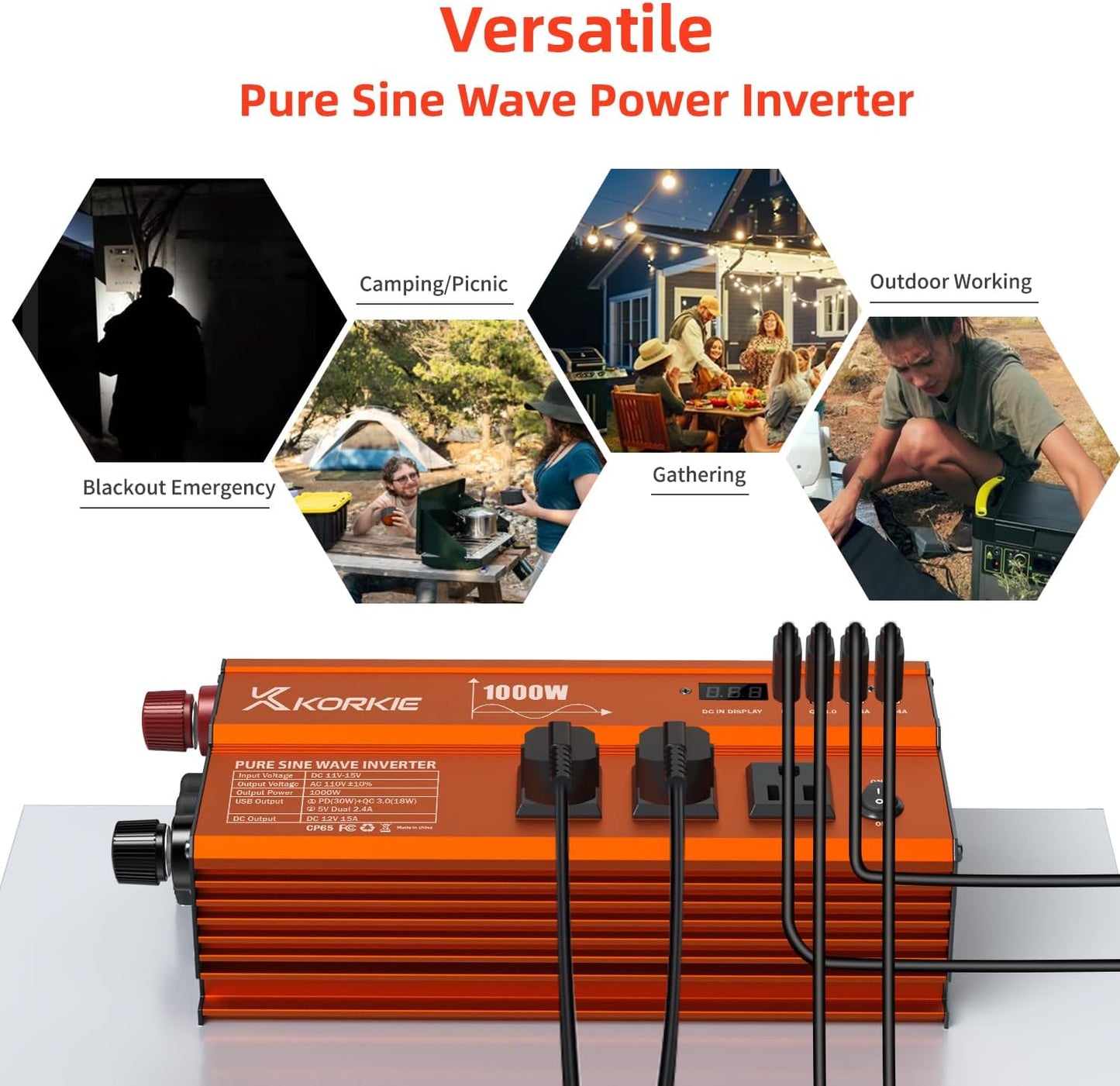 1000W Pure Sine Wave Inverter, Car Power Inverter, 12V DC to 110V AC Power Converter, Emergency Power Inverter with Type-C, Dual 5.2V/2.4A USB, 3AC Outlets for Home,Camping, RV, Truck, Vehicles