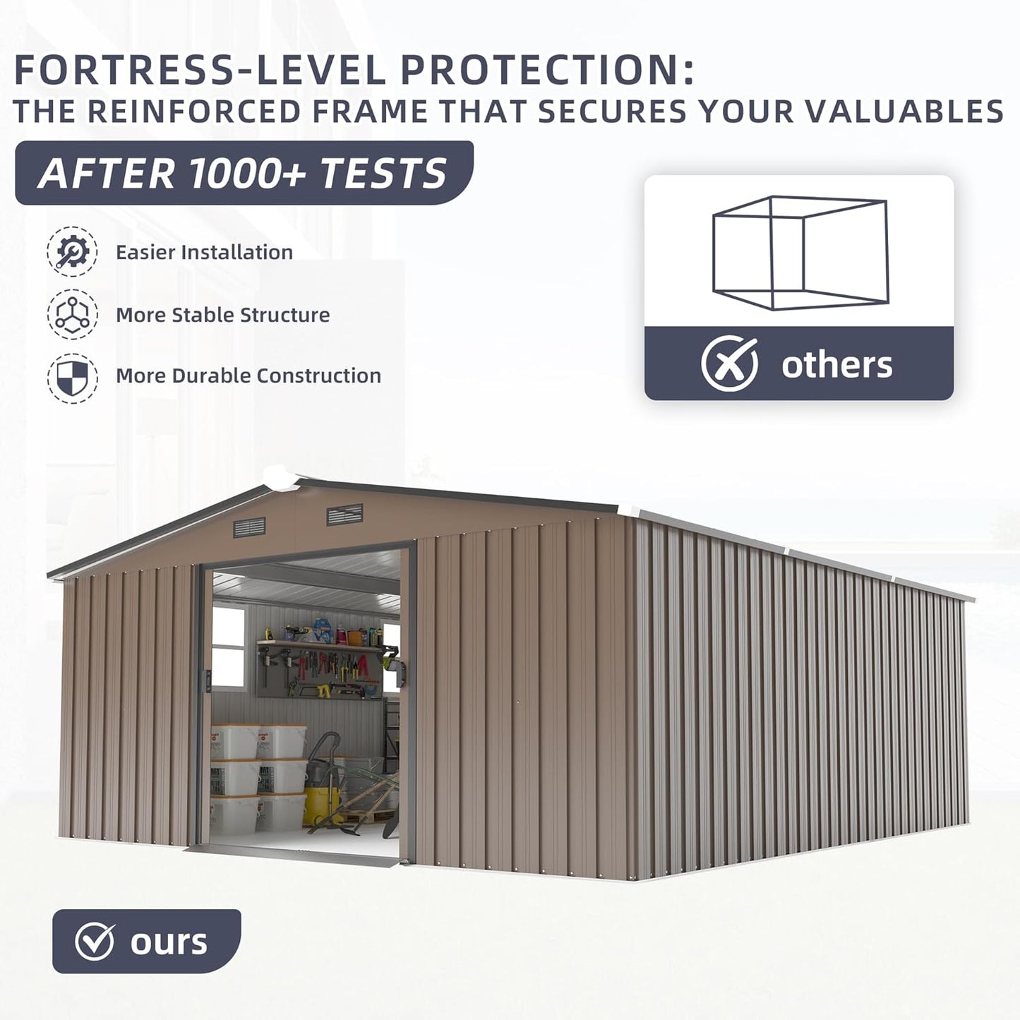 12 x 10 FT Outdoor Storage Shed, Metal Garden Tool Shed with Slooping Roof, Lockable Doors, All-Weather Bike Shed Easy to Assemble for Backyard, Patio, Lawn, Brown