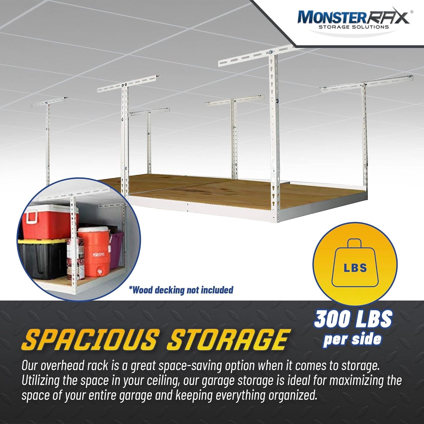 MonsterRax 4x8 Overhead Garage Storage Rack Frame Kit - Hanging Garage Ceiling Storage Rack System - (White, 24"-45")