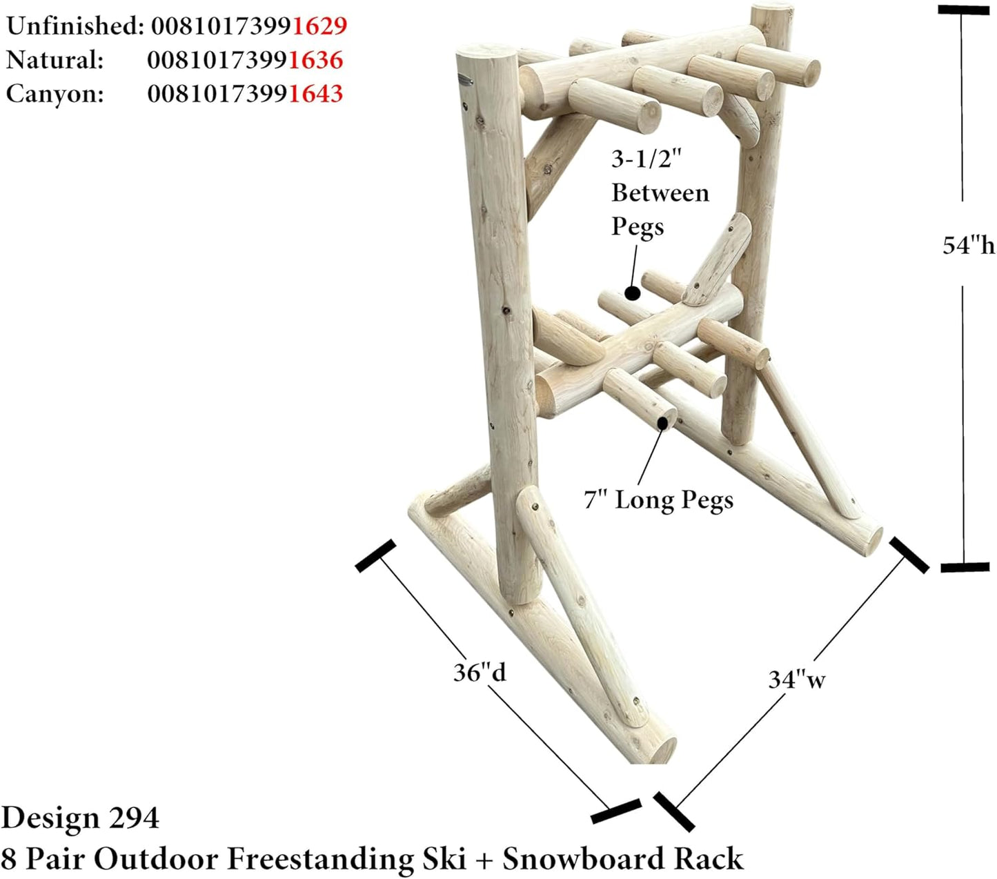 8-Place Freestanding Log Ski Rack Holder, Indoor & Outdoor Snowboard Racks, Standing Storage, Garage Racks for Snow Skis, Durable Snowboard Rack Garage Storage Organizer-Canyon Brown + 15" Anchor Kit