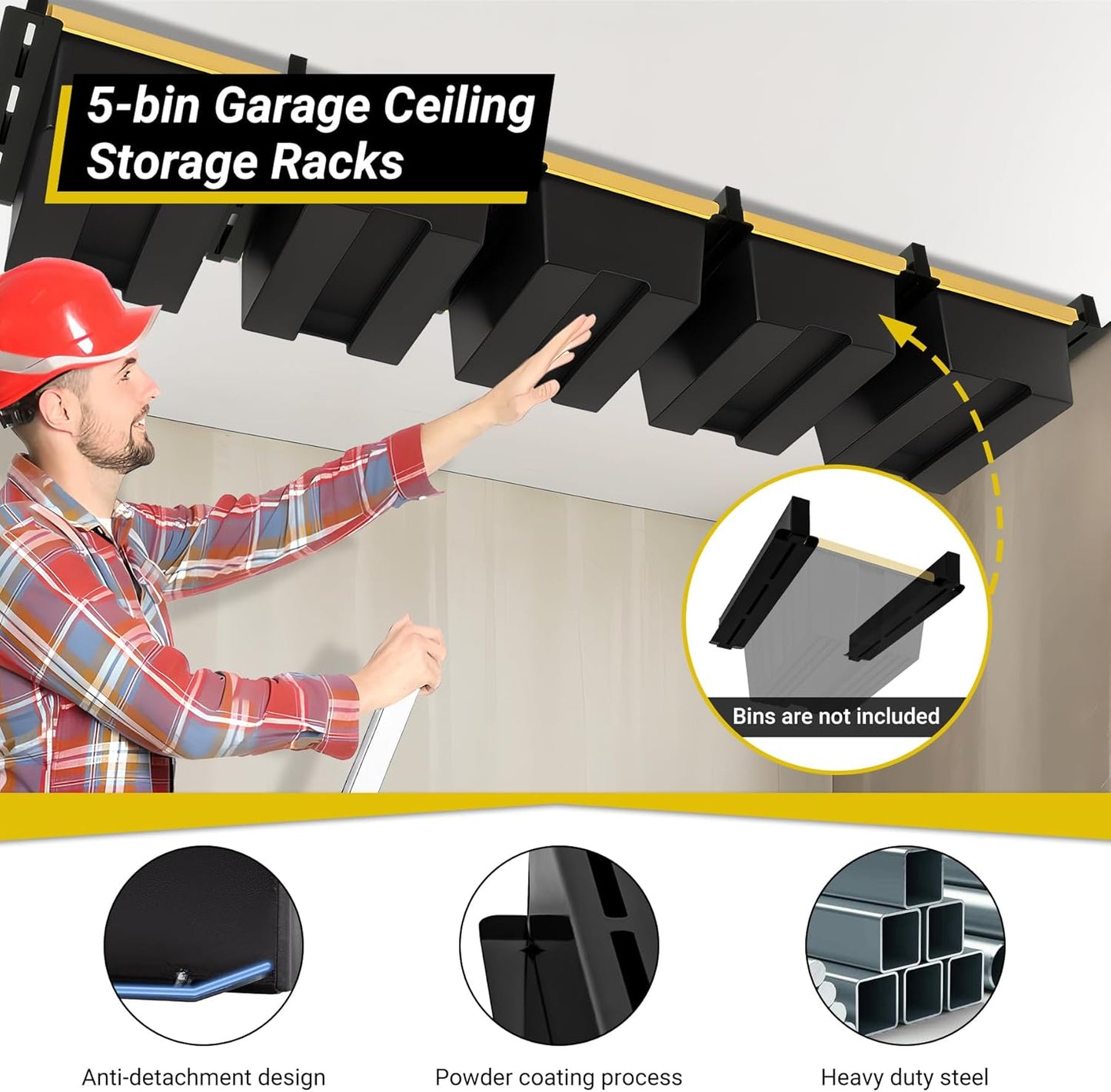 5-bin Overhead Garage Storage Rack, Heavy Duty Ceiling Storage Racks, Powder Coated Tote Storage Rack for Garages, Sheds, Storerooms (6 PCS, for 5 Bins)