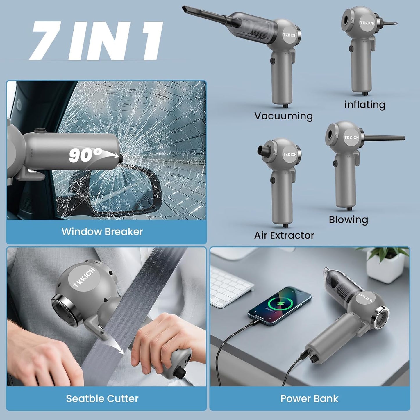 Car Vacuum Portable Cordless,3 Suction Modes,Portable Mini Cordless Cleaner with 18000pa Suction Power,Type-C Charge,7 in 1 mini Handheld Vacuum for Home,Car, Office Desk, Keyboards