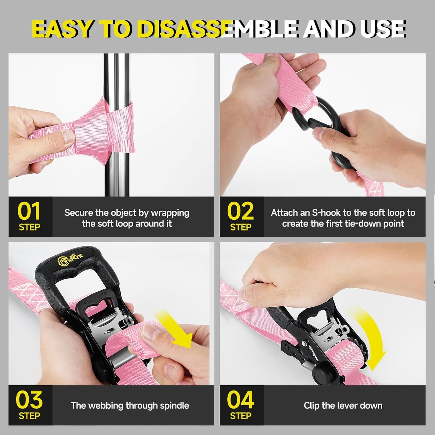 4Pcs 1.6”x 10FT Heavy Duty Ratchet Straps with Padded Handles+Coated S Hooks+Soft Loop Tie-Downs for Ratchet Strap Tie Down Kit-6000 Pound Break Strength（Pink）