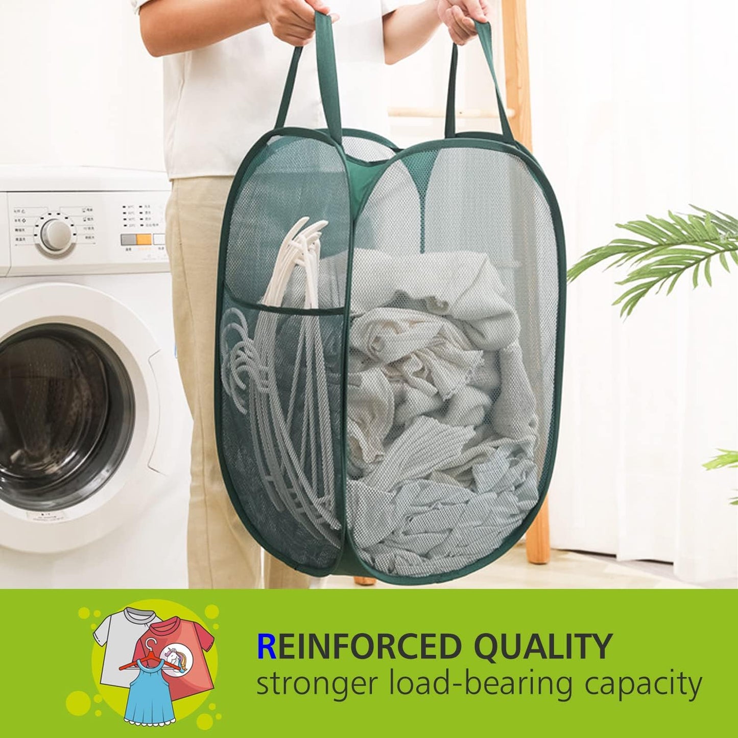 HONOMA Sturdy Mesh Laundry Hamper Basket Bag,Pop up Basket with Side Pocket for Laundry Room, Bathroom, Kids Room, College Dorm or Travel (Pop Vertical, Black)
