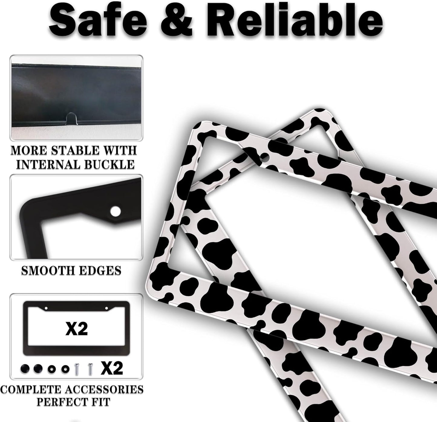 License Plate Frames Black and White License Plate Frame Animal Cow Print White Black Spot Design Universal Aluminum Car Accessory 2 Pack with Screw Covers Set
