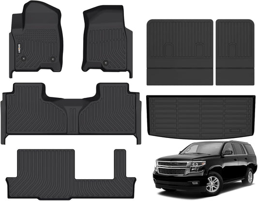 GINOWY- Floor Mats & Cargo Liner for Chevy Tahoe 2021-2024 2025 & GMC Yukon 8 Seat Bench Seat, TPE All Weather Car Mats for Chevrolet Tahoe Non-Slip Trunk Mat Waterproof Accessories Floor Liners Black