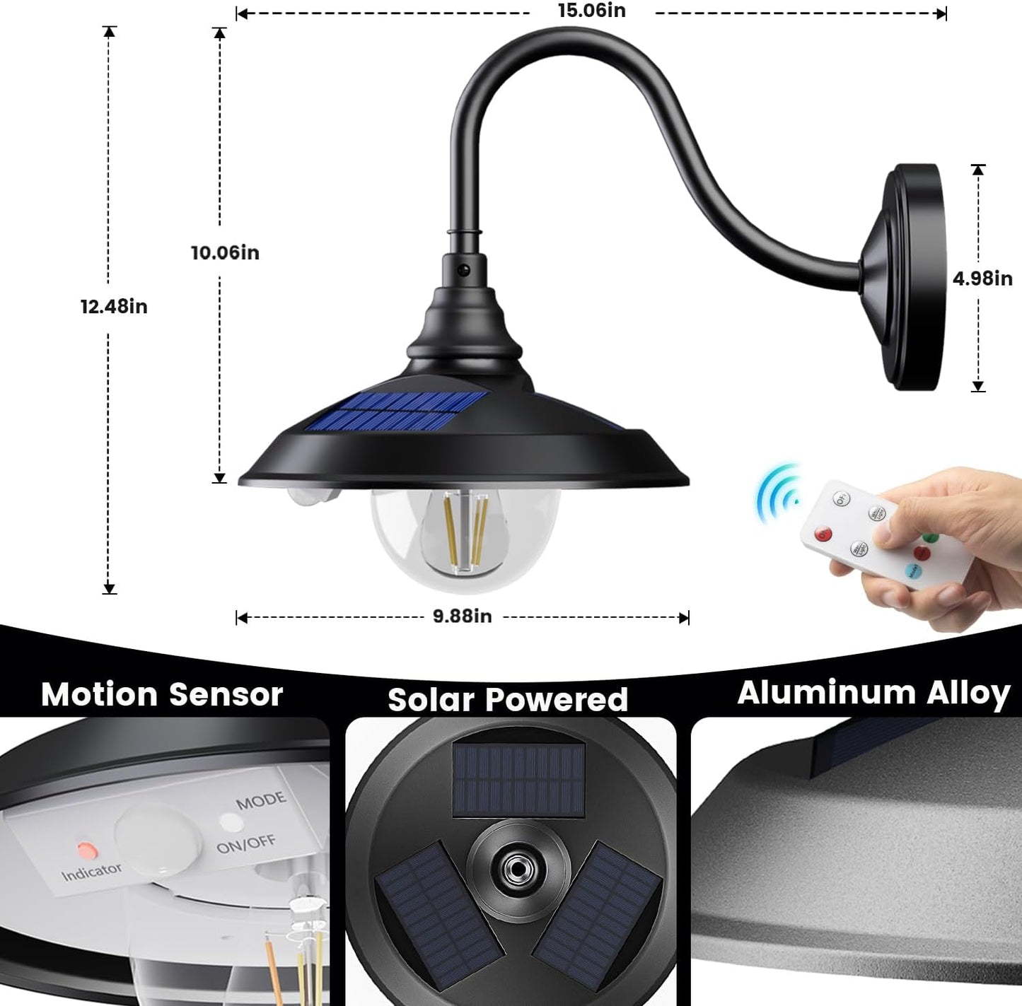 SIEDiNLAR Solar Barn Light Outdoor 3 Modes 2 Lighting, Aluminum Vintage Farmhouse Gooseneck Wall Light Waterproof with Remote & Motion Sensor for Barn Garage Shed Porch Chicken Coop Black (2 Pack)