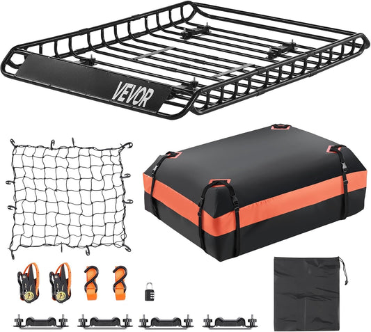 VEVOR Roof Rack Basket, 51 x 36 x 4.1 in, Universal Rooftop Cargo Carrier with 1120 x 870 x 260 mm Cargo Bag, Net, Ratchet Straps, 200 lbs Max Load Capacity Car Top Luggage Holder, for SUV Truck Car