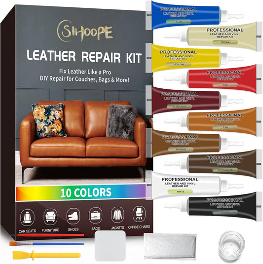 Leather Repair Kit,Car Seats, Sofa,Jacket & Purse - Repairs Burn Holes,Scratches,Tears - Restores Faux,Vinyl,Artificial and Real Leather (Ten Colors)