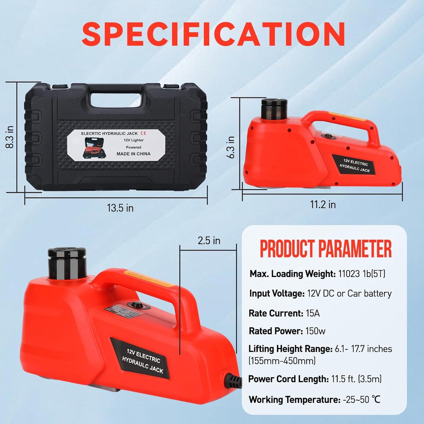 Electric Car Jack 5 Ton 12V Hydraulic Jack Portable Car Lift Floor Jack Stand for Sedans SUV MPV Sedan Truck Change Tires Garage Repair Roadside Emergency Kit