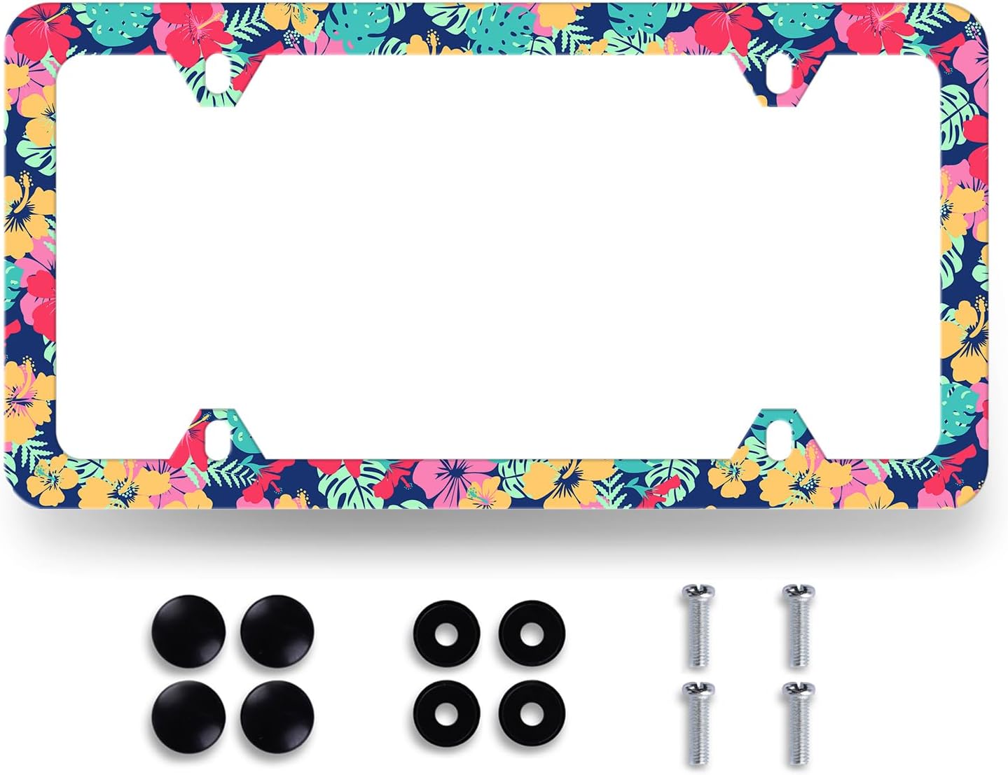 Tropical Hibiscus Flower License Plate Frame Colorful Floral Leaves License Plate Holder Funny License Plate for Car Decoration Stainless Steel Hawaii Auto Parts with Screws 12.3" x 6.3"
