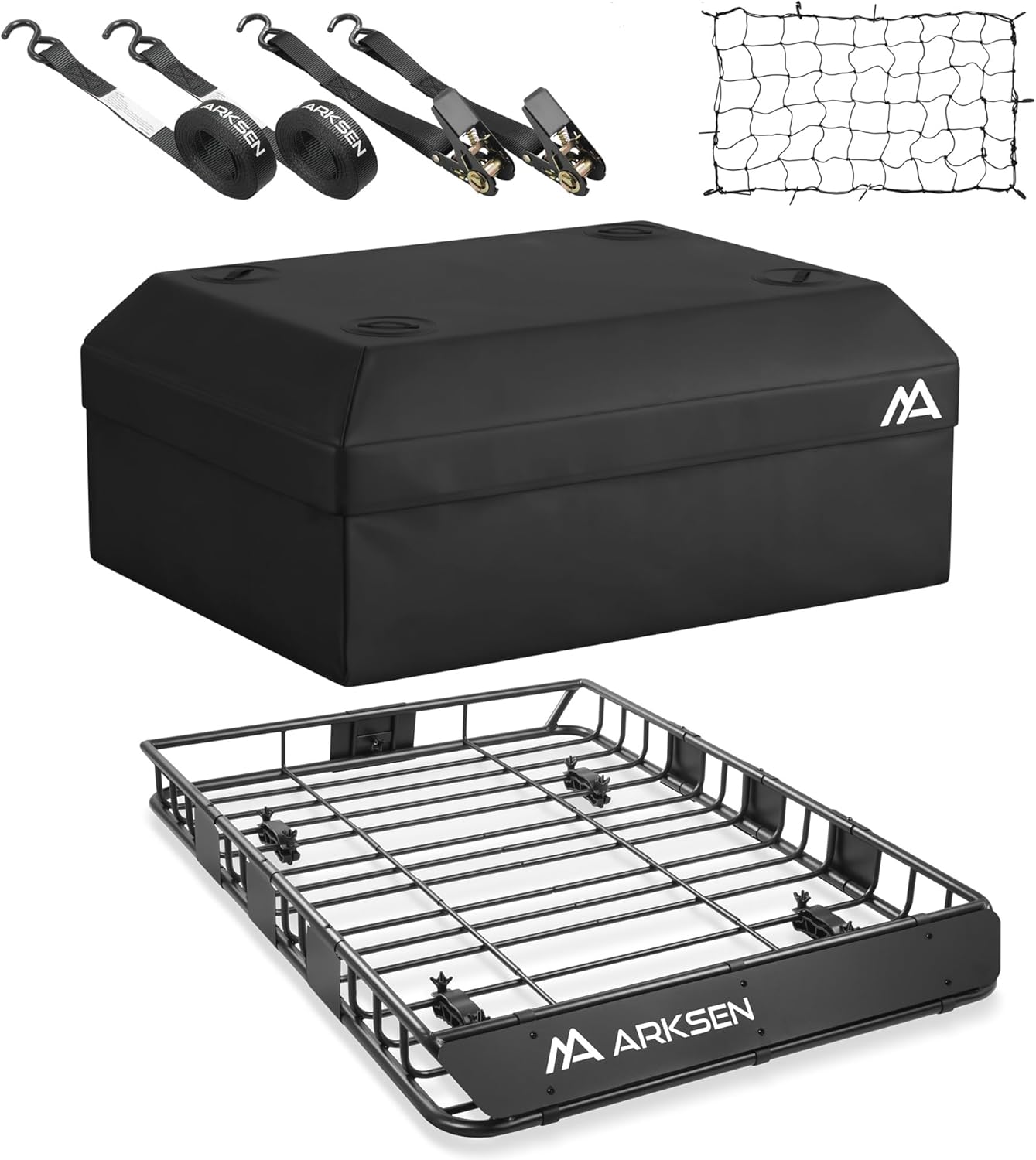 ARKSEN 54 x 39 x 5 Inch Upgrade Universal Roof Rack with Waterproof Bag, Cargo Net&2 Ratchet Straps - 150Lbs Capacity Heavy Duty Rooftop Cargo Carrier with Extension for Car, SUV & Pickup