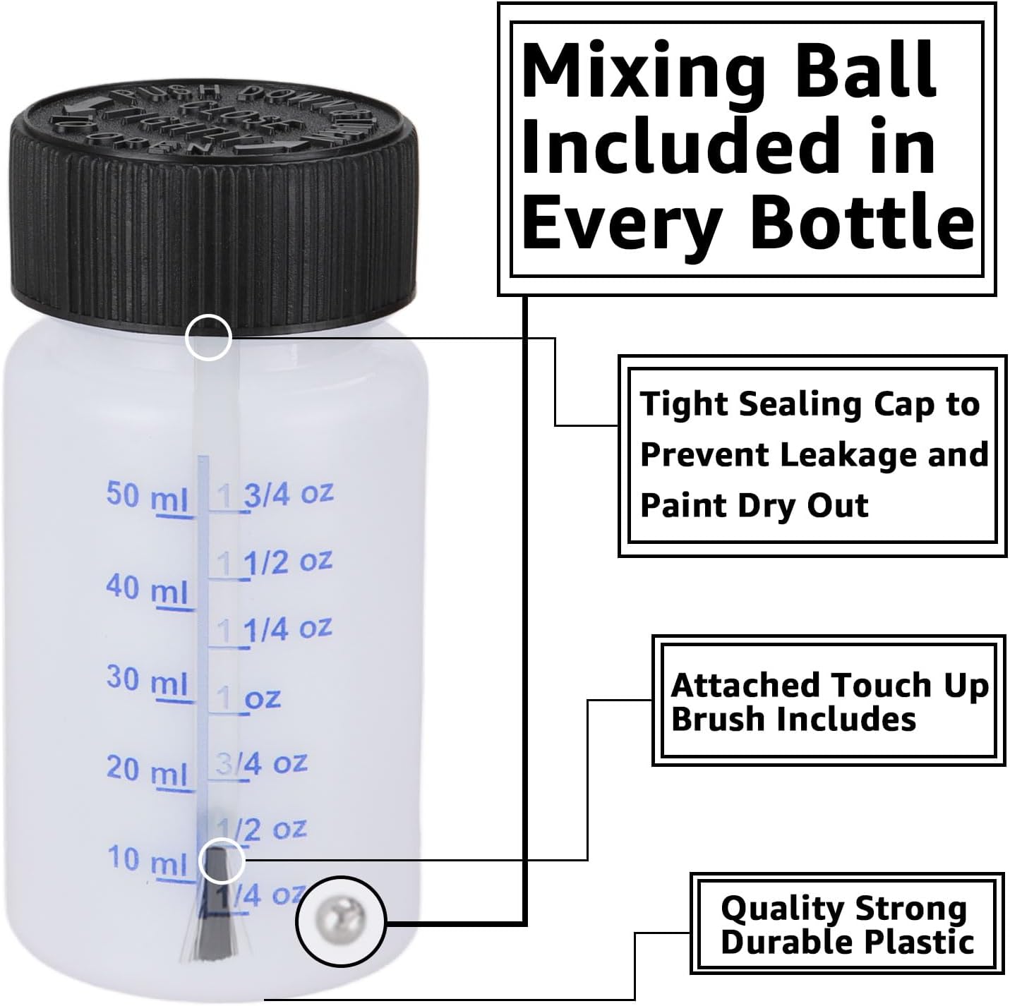 CYEAH 50 Pcs Touch Up Paint Container, 2 oz Paint Touch Up Bottles with Child-safe Lid and Applicator Brush, Touch-up Leftover Paint Container with Mixing Ball for Fixing Wall, Scratches, Car Surface