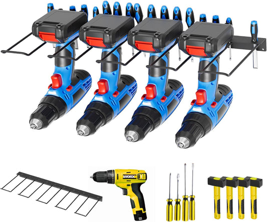 Power Tool Organizer Wall Mount with Charging Station, 4 Layers 6 Drill Holder, Heavy Duty Storage Utility Racks, Supports 600 lbs,Battery Shelf for Garage and Workbench (16 Inch Holder Basic Version)