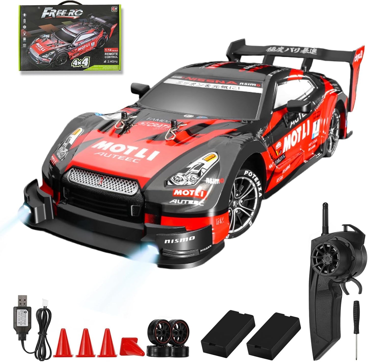 RC Drift Car, 1:14 Scale GTR Model, 4WD 28KM/H High Speed Remote Control Racing, 2.4GHz Electric Sport Drifting Car with LED Lights Speed Adjustment Gifts for 6+ Kids and Adults
