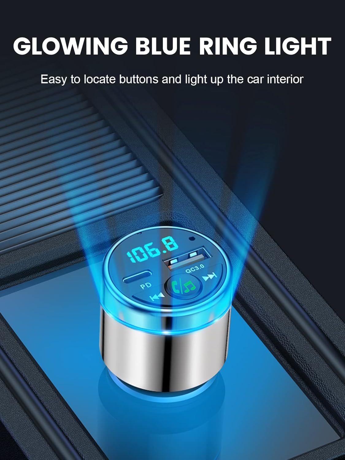 FM Transmitter for Car Bluetooth 5.3, All-Metal PD 20W & QC3.0 18W Fast Charger, Wireless FM Radio Car Kit Bluetooth Adapter, Noise Cancelling Hands-Free Call, Hi-Fi Music, Ring Light