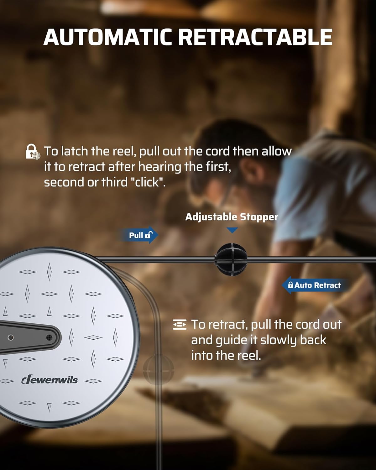 DEWENWILS Metal Extension Cord Reel,30FT Retractable Extension Cord, 16AWG/3C SJTW Power Cord, 3 Electrical Outlets, 10A Circuit Breaker, Wall or Ceiling Mountable for Workshop, Garage, UL Listed