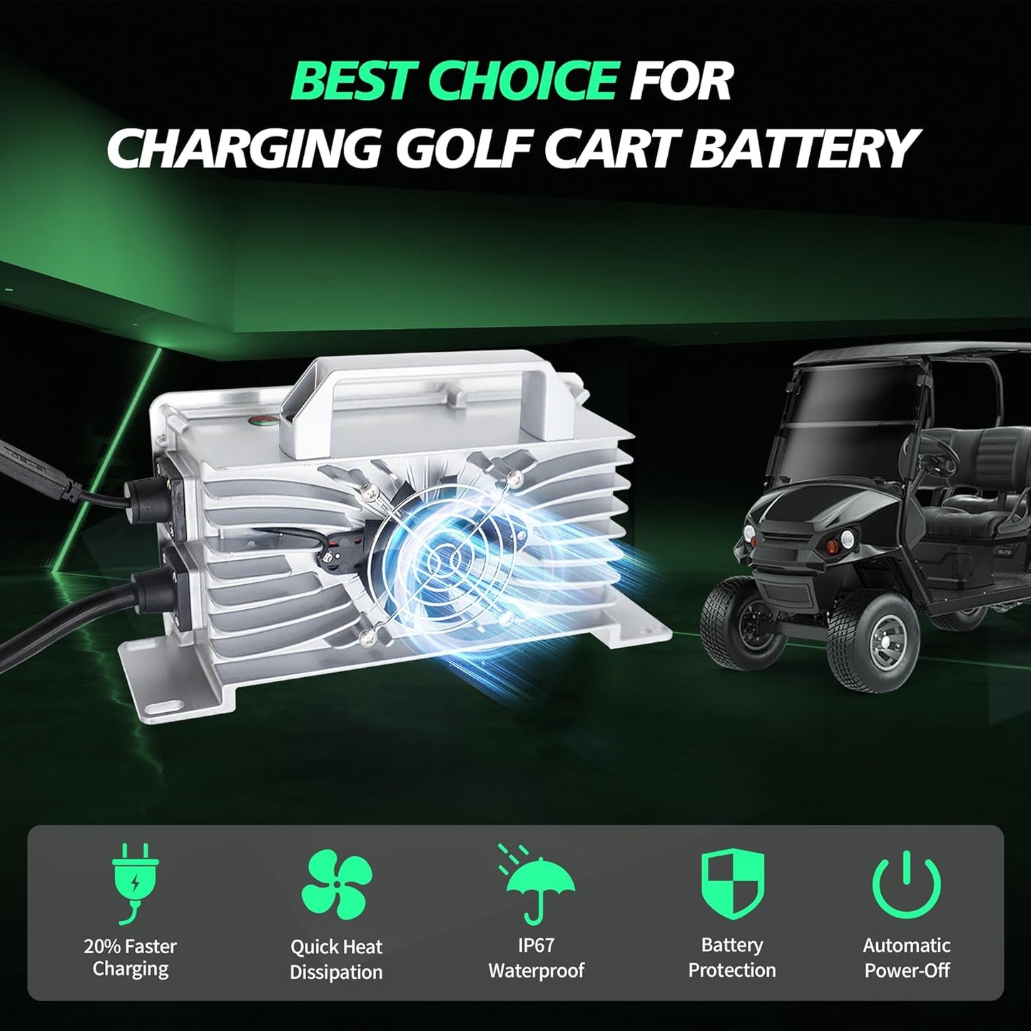 15 AMP 48 Volt Golf Cart Battery Charger for Club Car with 3-Pin Round Plug, 20% Faster & Safer, 900W Club Car Battery Charger for Lead Acid Battery, Automatic Power-Off Protection & IP67 Waterproof