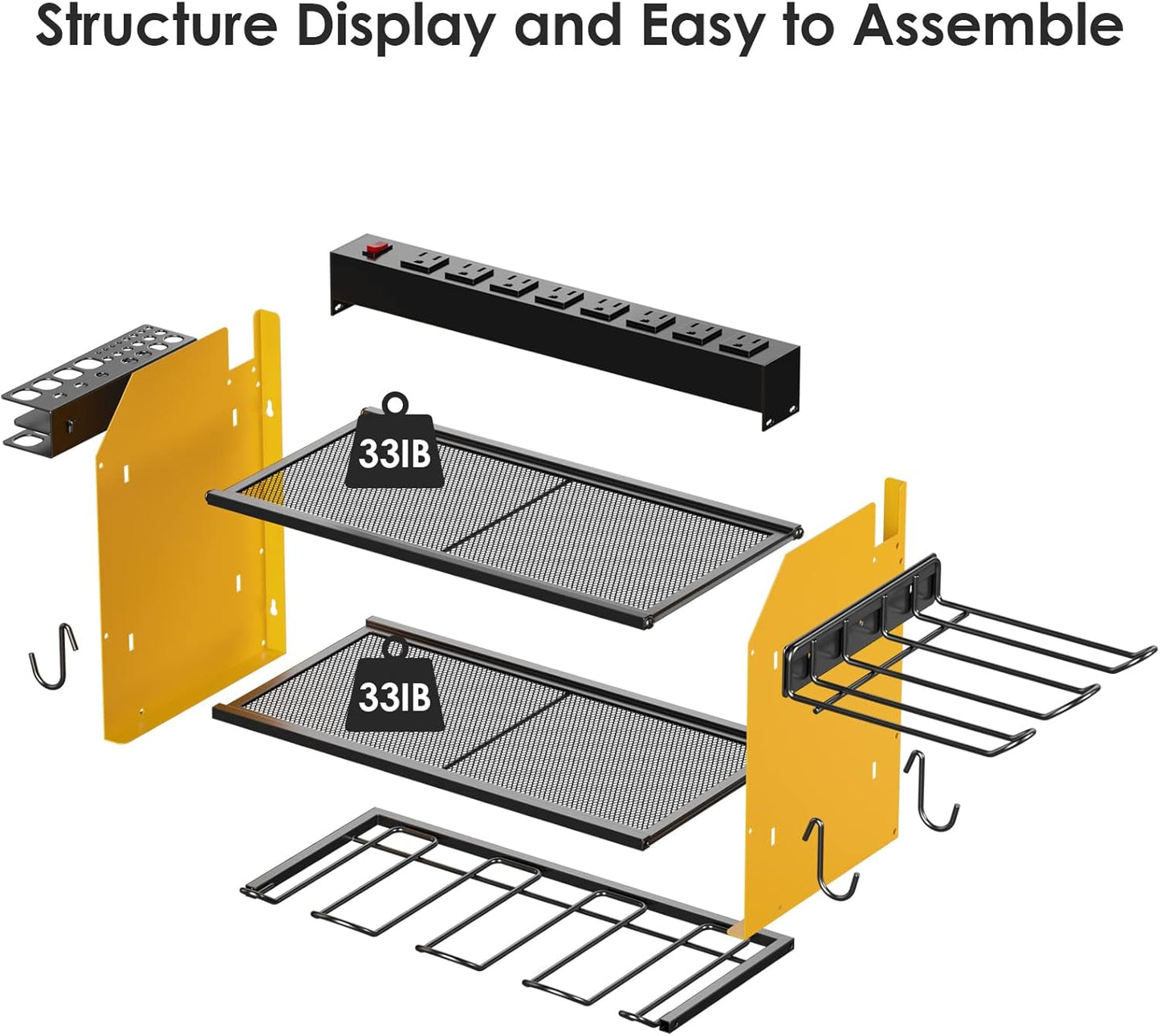 CCCEI Modular Power Tool Organizer Wall Mount Charging Station, Yellow 6 Drills Holder with 8 Plug Power Strip, Garage Drill Battery Heavy Duty Metal Shelf, Utility Rack with Hooks, Side Storage.