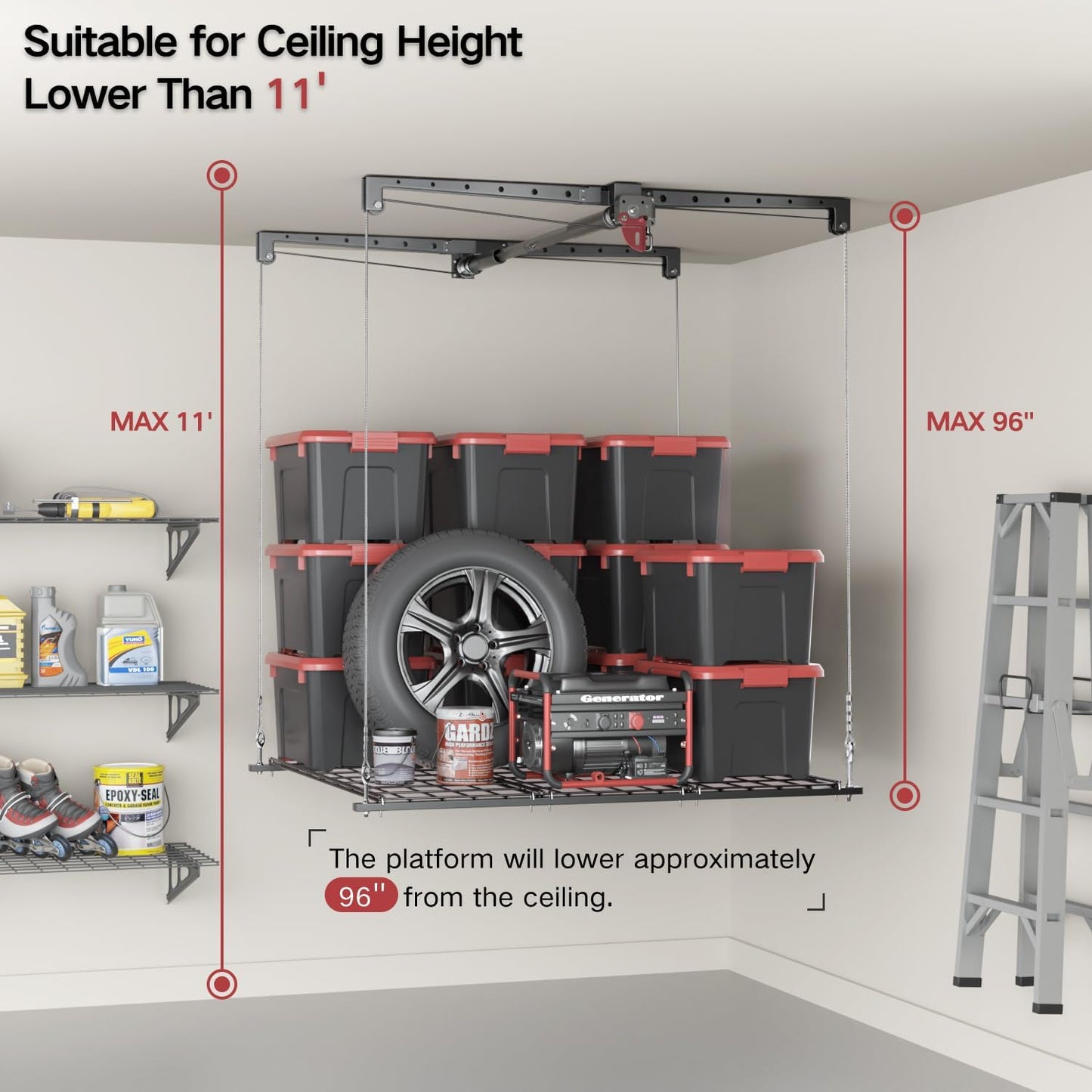 Overhead Garage Storage Rack, Adjustable Heavy-duty 4x4 Ft Ceiling Storage Racks with Safety Lock, Ideal for Garage Storage Lifting Organization System, 250lbs Capacity