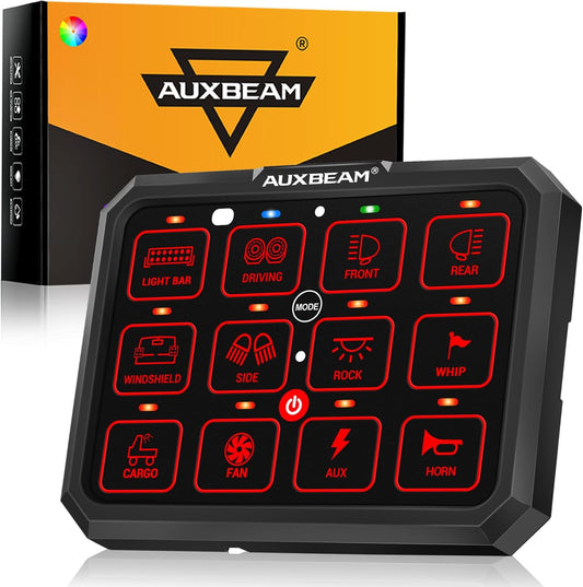 Auxbeam 12 Gang Switch Panel RB120 Toggle Momentary Pulsed RGB Dimmable Switch Panel Multifunction Two Sided Output Marine Control Panel IP65 Waterproof for Car Boat RV, 2 Years Warranty