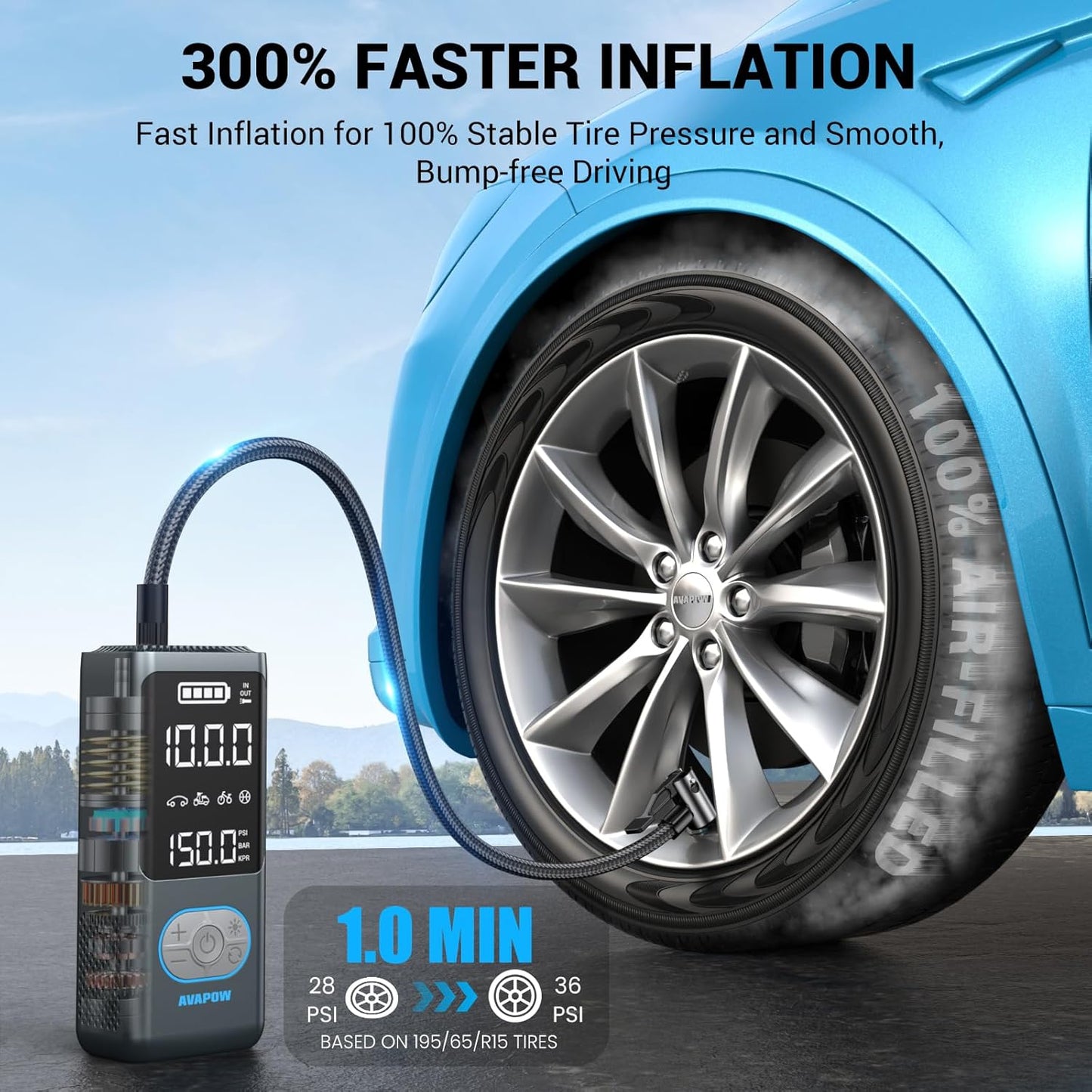 AVAPOW AP18 Tire Inflator Portable Air Compressor, 300% Faster 150 PSI Cordless Air Pump with Tire Pressure Gauge, 3.7″ Dual LCD Screen, Auto-Shuts Off Tire Pump for Car, Motorcycle, Bicycle, Blue
