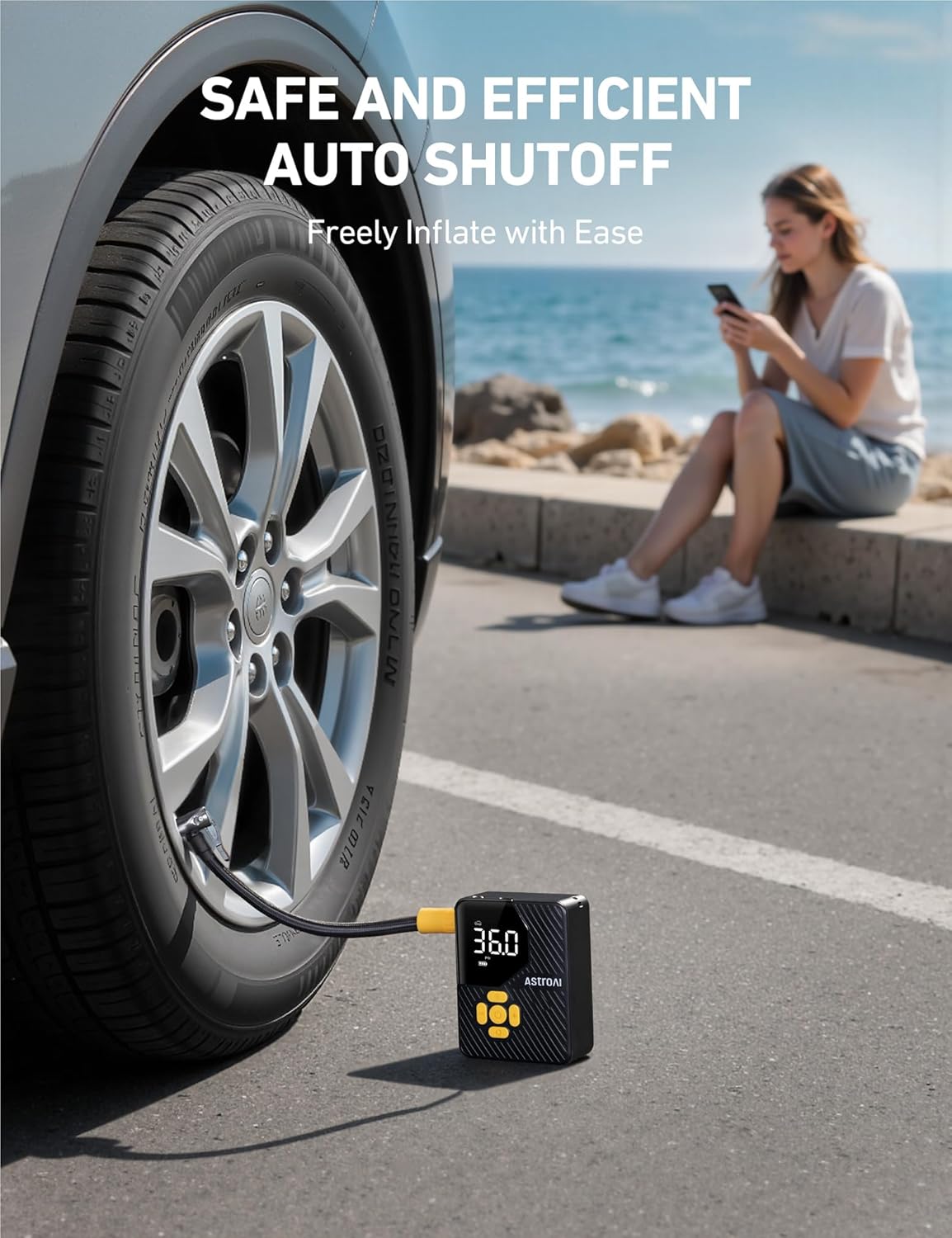 AstroAI L7 Mini Tire Inflator Portable Air Compressor,150 PSI Cordless Car Tires Air Pump with LED Lights&Pressure Gauge,Auto Shut-Off - Tire Pump for Auto,Motorcycle, Bicycle, Ball Yellow