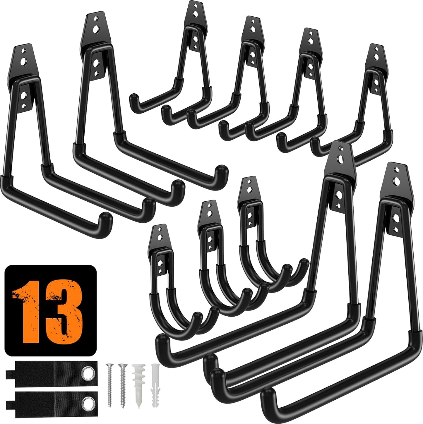 QcoQce 13 Pack Garage Hooks Heavy Duty with 2 Extension Cord Straps,Garage Storage Hooks, Wall Mount Hooks, Garage Organization and Tool Hangers for Bike, Ladder, Ropes and Garden Tools