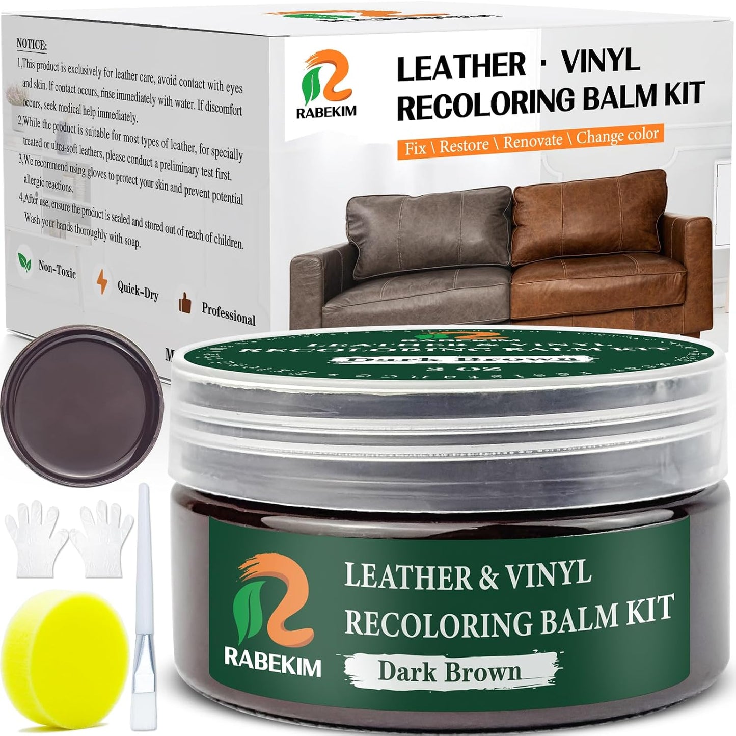 Dark Brown Leather Repair Kit, Leather Recoloring Balm – Restore & Repair Faded Leather on Couches, Car Seats, Shoes & Furniture | Leather Color Restorer & Conditioner | Easy DIY Application