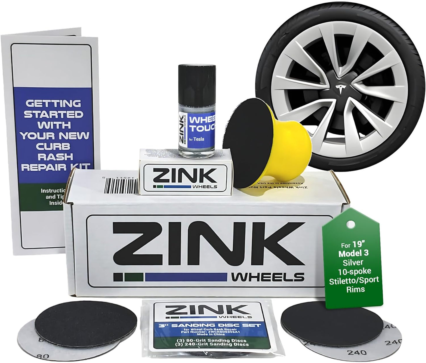 Premium Tesla Wheel Curb Rash Repair Kit for Model 3 19-inch Silver Stiletto Sport Rims - DIY Kit with Color-matched Touch Up Paint - Made in USA