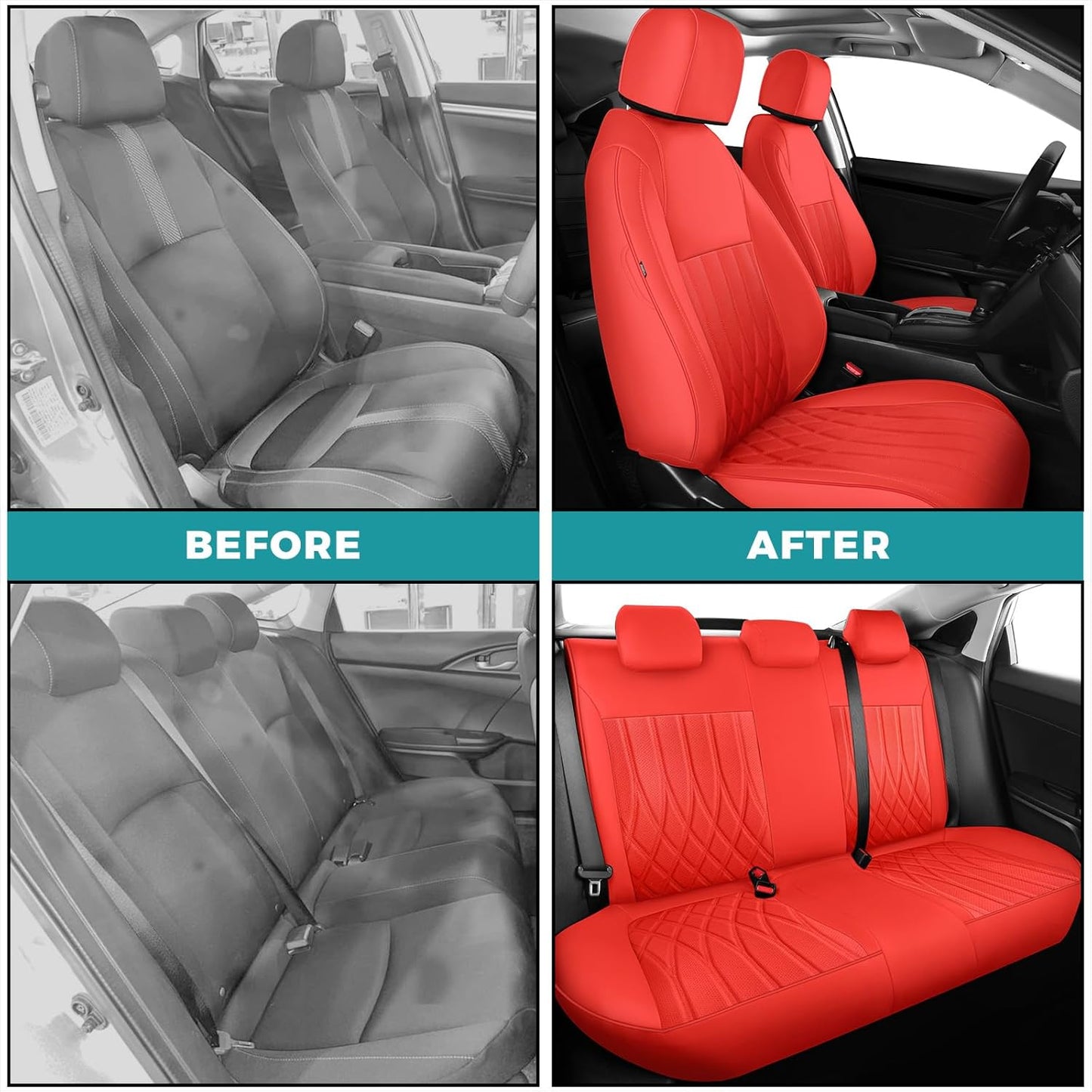 Seat Covers for Honda Civic Sedan LX 2016 2017 2018 2019 2020 2021, Faux Leather Car Seats Cover Full Set (Rear Row Solid & No Folding Backrest)-RED