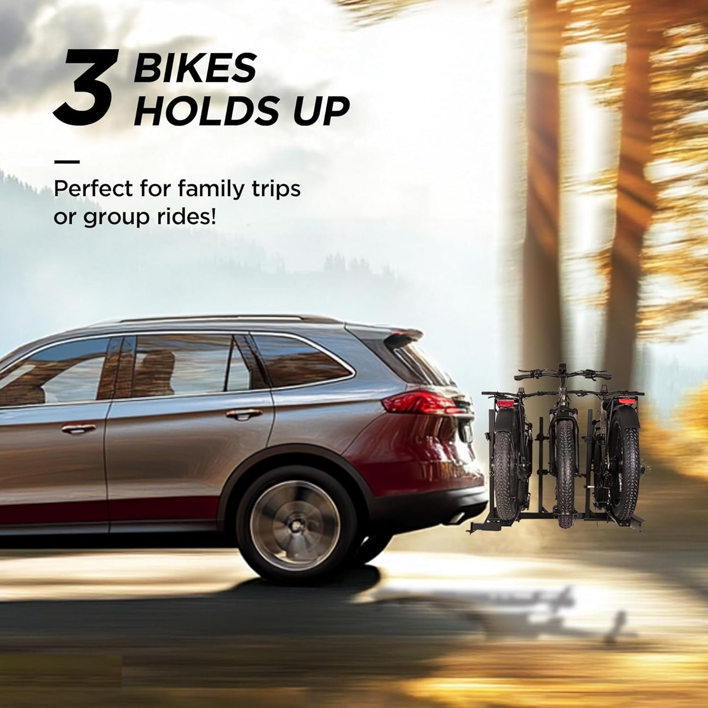 Rockland Foldable 3-Ebike Rack with Ramp, 250 lbs Capacity, Hitch Mount Electric Bike Rack, Fits up to 5" Fat Tire Width and 50" Wheelbase, Ebike Carrier Rack for 2" Receiver for Cars SUVs Vans RVs