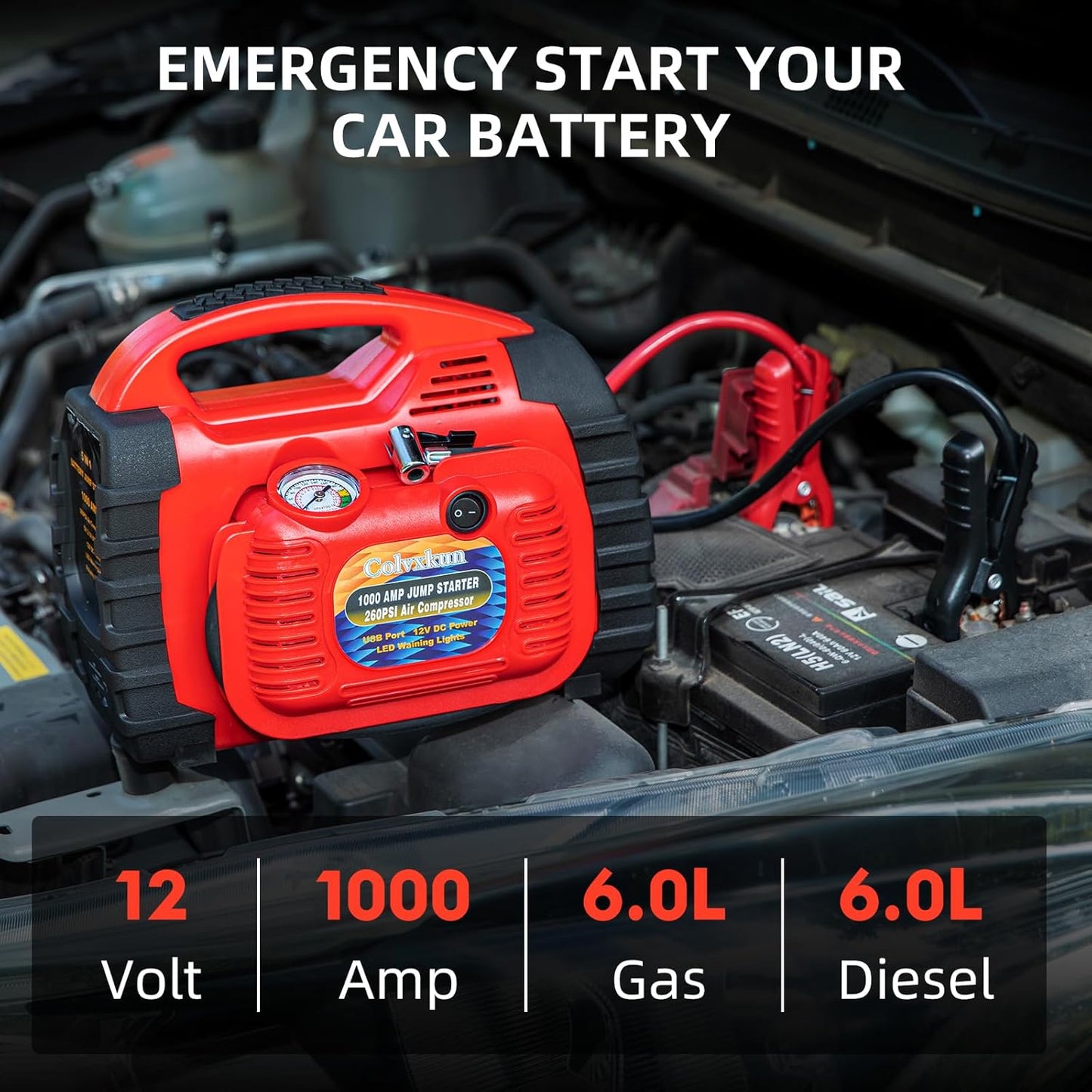 Jump Starter with Air Compressor, 260PSI 1000A Car Battery Jump Starter Battery Pack (6.0 Gas/6.0L Diesel),12V Car Jumper Starter Portable Jump Box with Tire Inflator