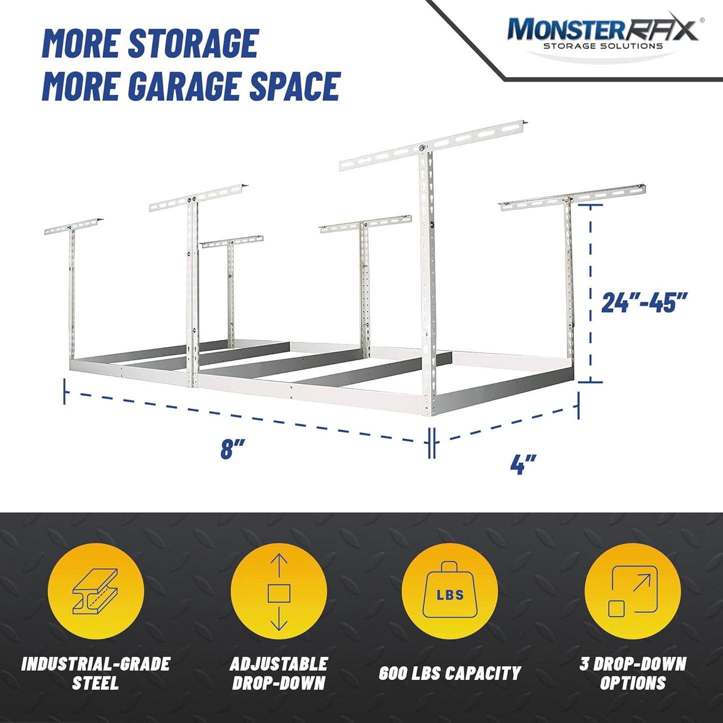 MonsterRax 4x8 Overhead Garage Storage Rack Frame Kit - Hanging Garage Ceiling Storage Rack System - (White, 24"-45")