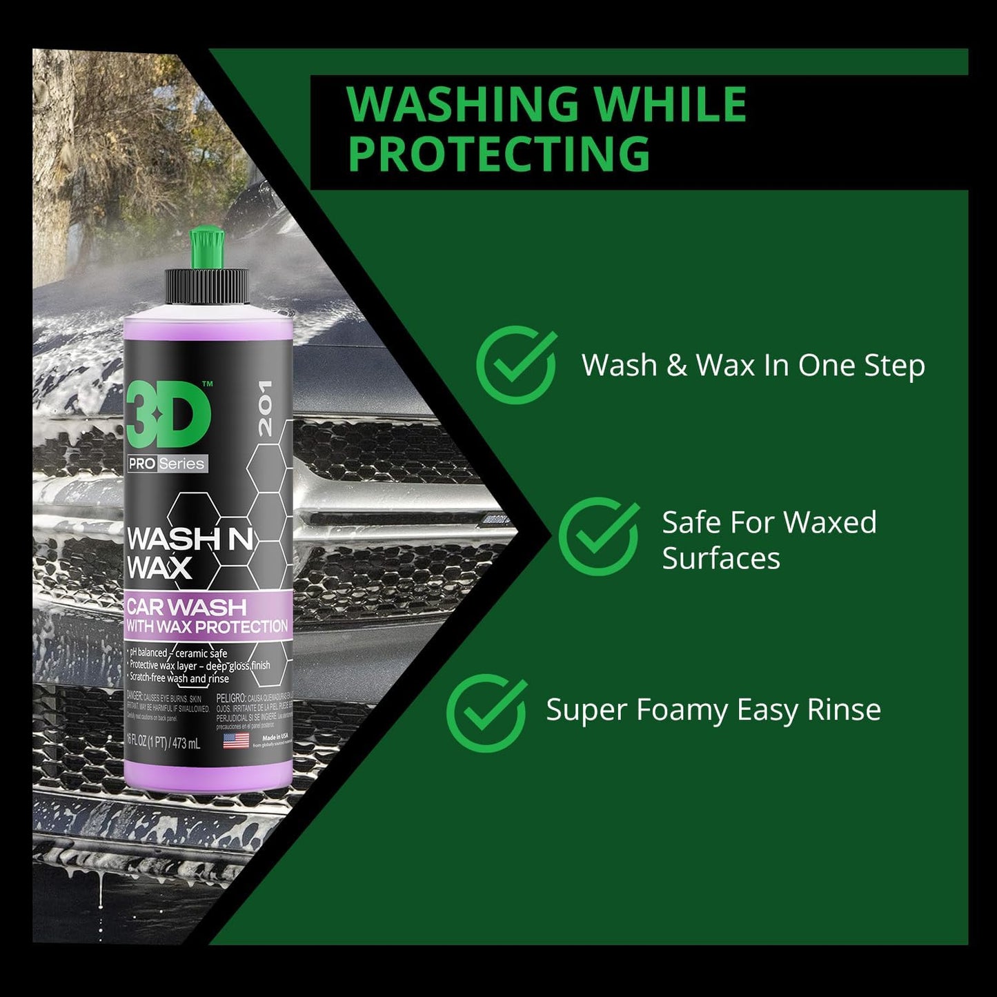 3D Wash N Wax Car Wash Soap - pH Balanced, Easy Rinse, Scratch Free Soap with Wax Protection - 16oz.