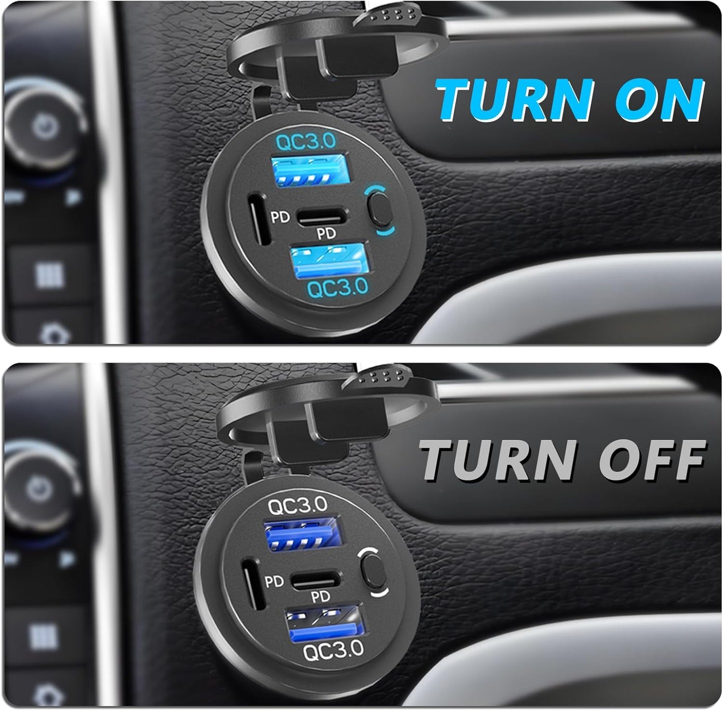 Dual PD USB C Ports & Dual USB Quick Charge 3.0 Ports 12V USB Outlet with Switch, VANONE Waterproof and Dustproof Car Charger Socket, Accessories for Car Boat Marine Motorcycle RV ATV Golf Cart, etc