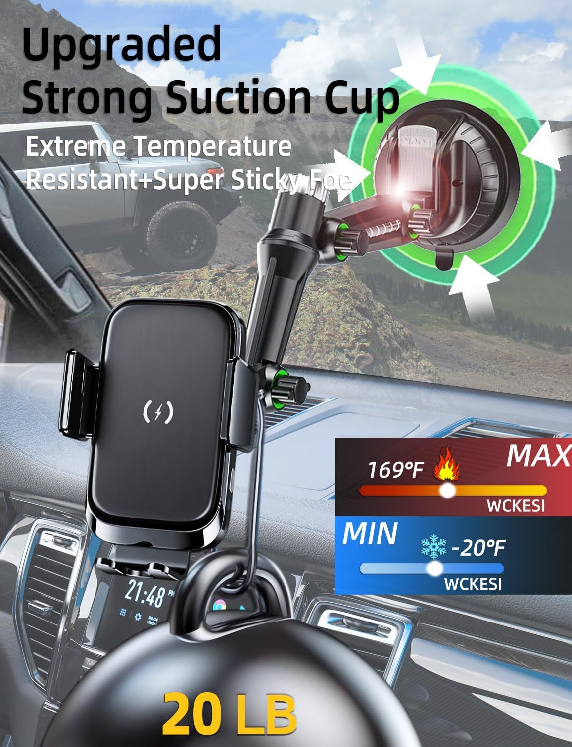 Wireless car Charger Phone Holder Mount for Truck,【10-inch Long arm 】 Pickup Truck Phone Holder Qi2 15W Fast Charging Heavy Duty Truck and Large SUV Windshield/Dashboard,for iPhone Samsung LG