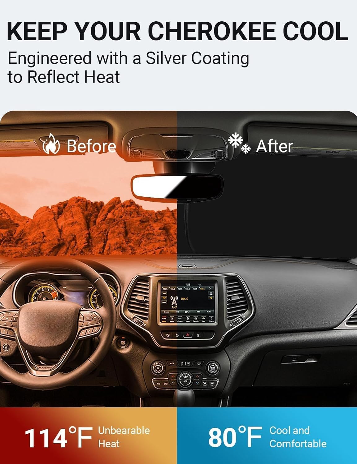 Proadsy for Jeep Cherokee 2014-2024 2025 (Not for Jeep Grand Cherokee) Windshield Sun Shade 4-Layer Foldable Front Sunshade Protector Sun Visor Blocks UV Rays Keep Car Cooler