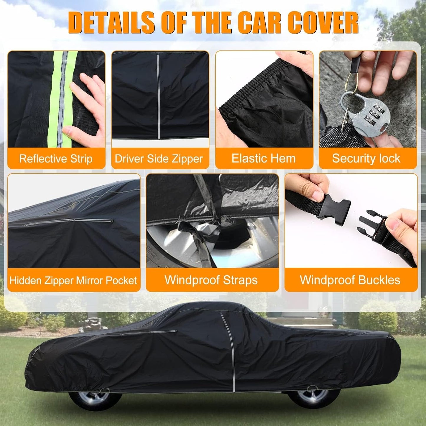 Waterproof Car Cover Compatible with Chevrolet El Camino 1964-1967 & 1978-1987 300D All Weather Classic Car Covers with Zipper Door Reflective Strips Lock for Snow Rain Dust