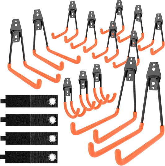 QcoQce 18 Pack Extension Cord Hooks with Wall Mount, Heavy Duty Utility Hangers for Hose, Wires, Cables, Garage Organization with Anti-Slip Coating, Screws Included (Orange)