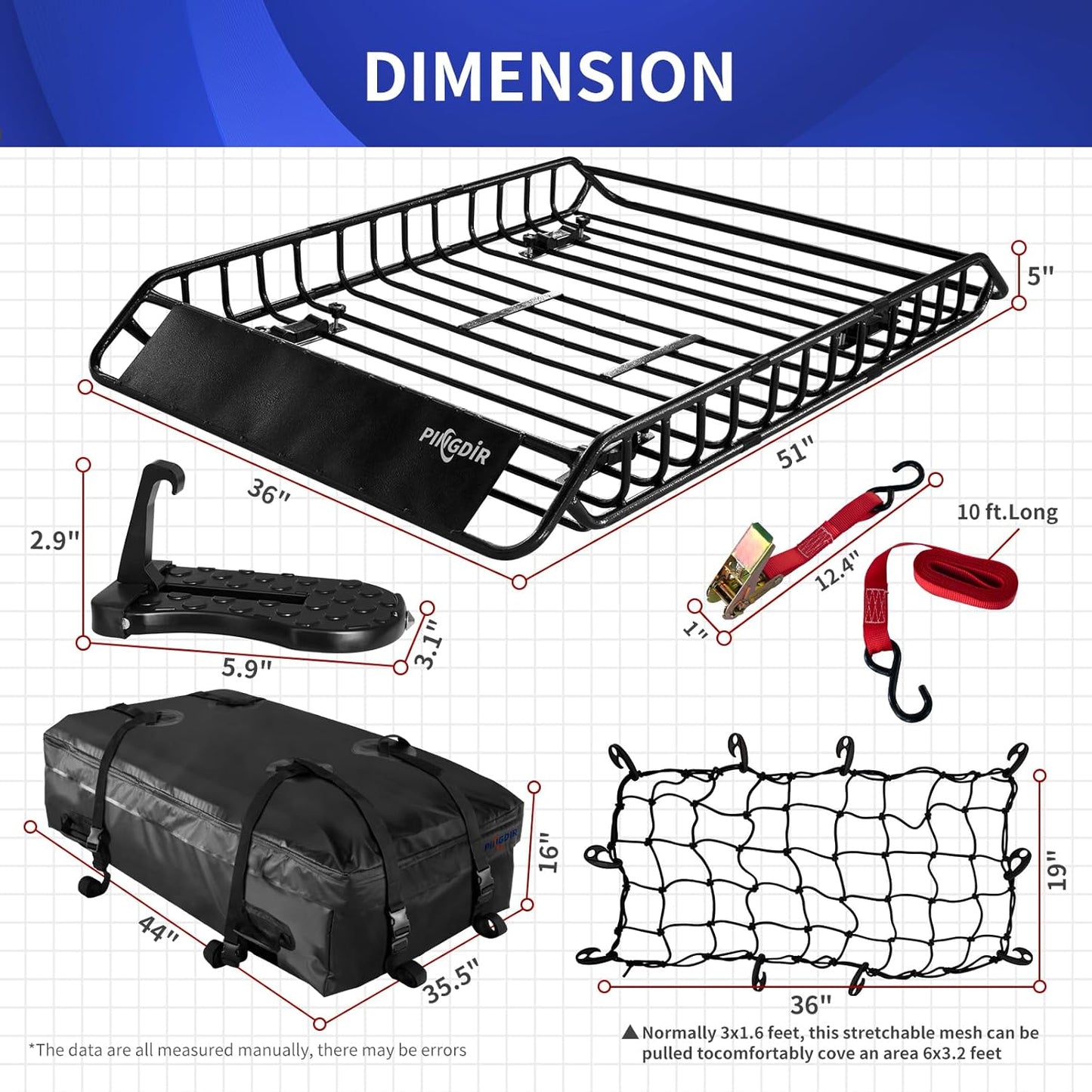 Roof Rack Basket 51" X 36" X 5" Rooftop Rack Cargo Carrier Universal, Waterproof Cargo Bag 44 * 35 * 16", Cargo Net with Attachment Hooks, 2 pcs Ratchet Strap,Roof Pedal