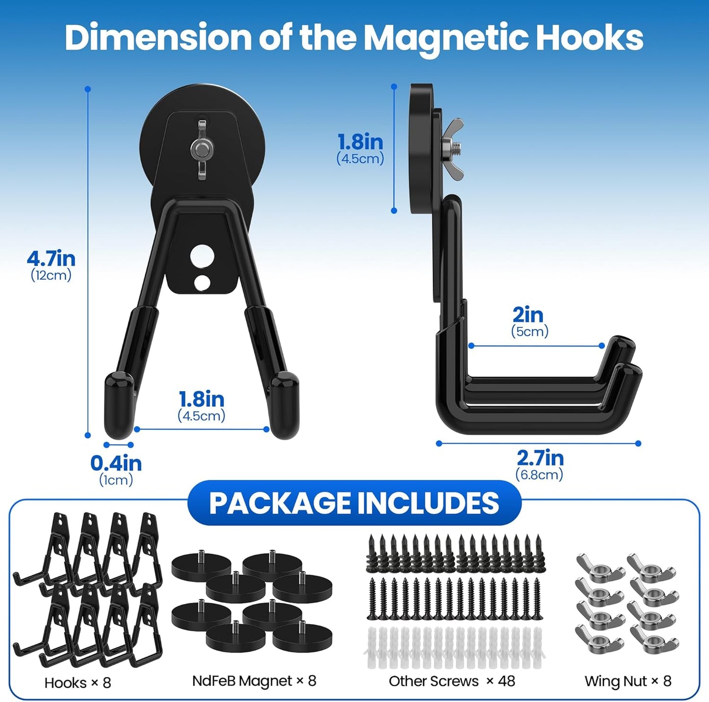 8 Pack Large Magnetic Hooks Heavy Duty Extra Strong Magnetic Garage Hooks Big NdFeB Industrial Magnet Hooks Magnetic Utility Storage Holder Organization with Anti-Slip Coating for Hanging Garden Tools