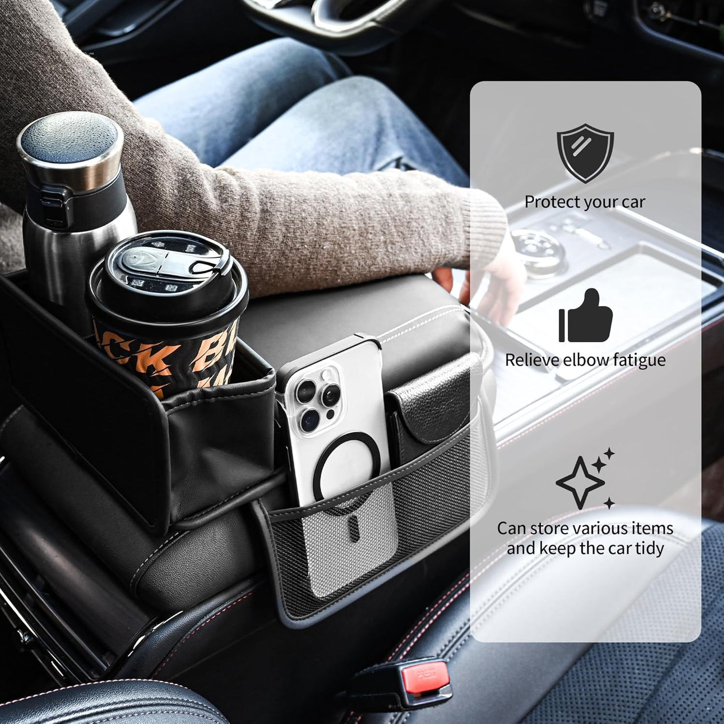 JEYODA Upgraded Car Armrest Cover,Premium Leather Car Armrest Cover Cushion with Storage Holder, Caddy for car (red)