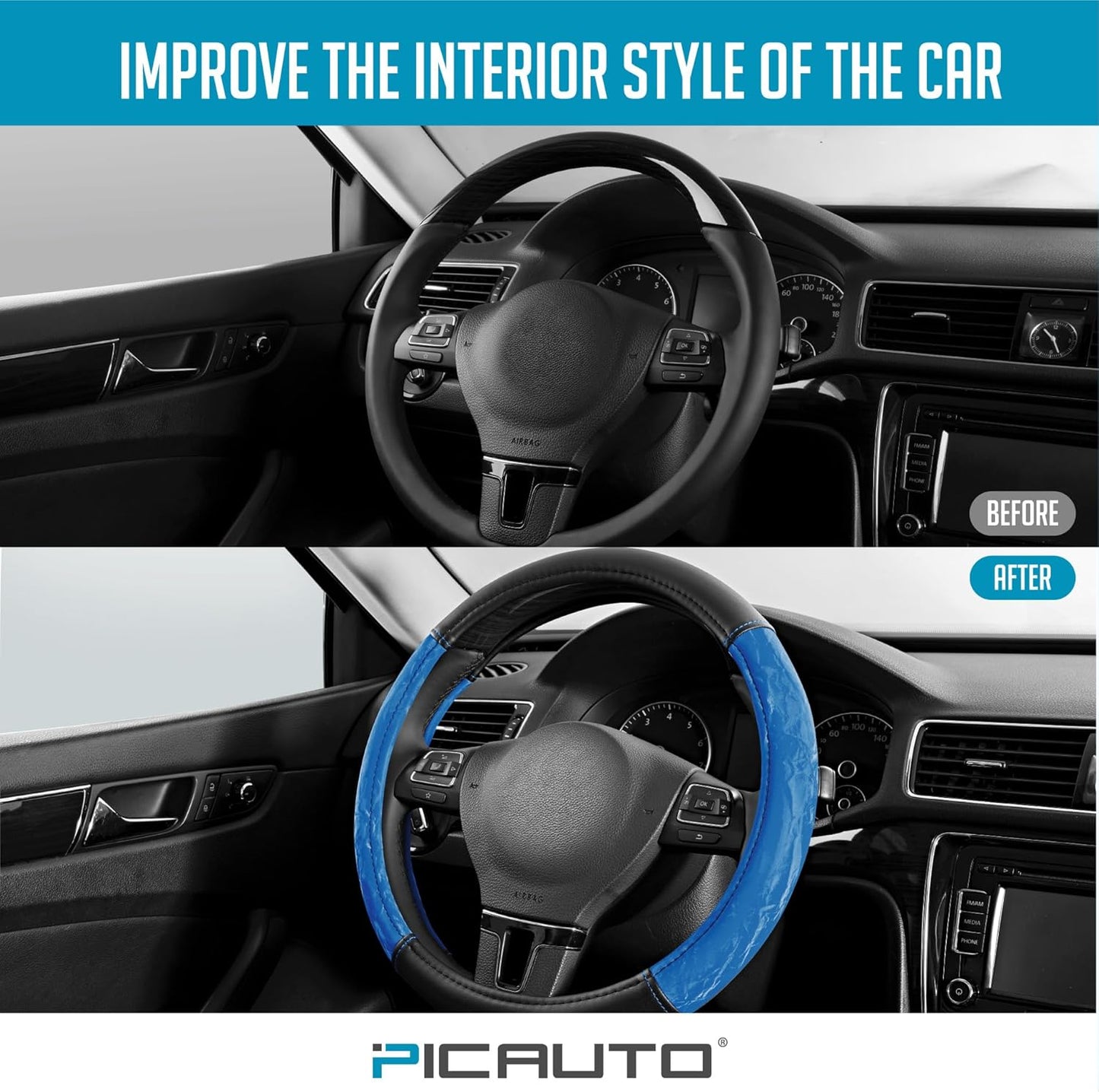 PIC AUTO Steering Wheel Cover, Silk Grain Leather Car Steering Wheel Protector, Comfortable Grip, Universal 14.5-15.5 Inch Anti-Slip Steering Wheels Accessories for Men & Women (Blue)