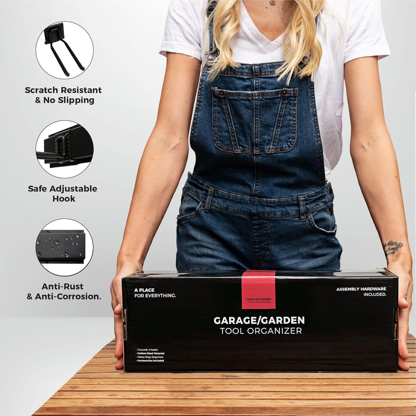 Garage Tool Organizer Wall Mount - 48 inches - Sturdy Storage Rack with Adjustable Hooks, Anti-Rust - Easy Installation, 300lbs Capacity - Garden Tool Organizer (03 Racks & 06 Hooks)