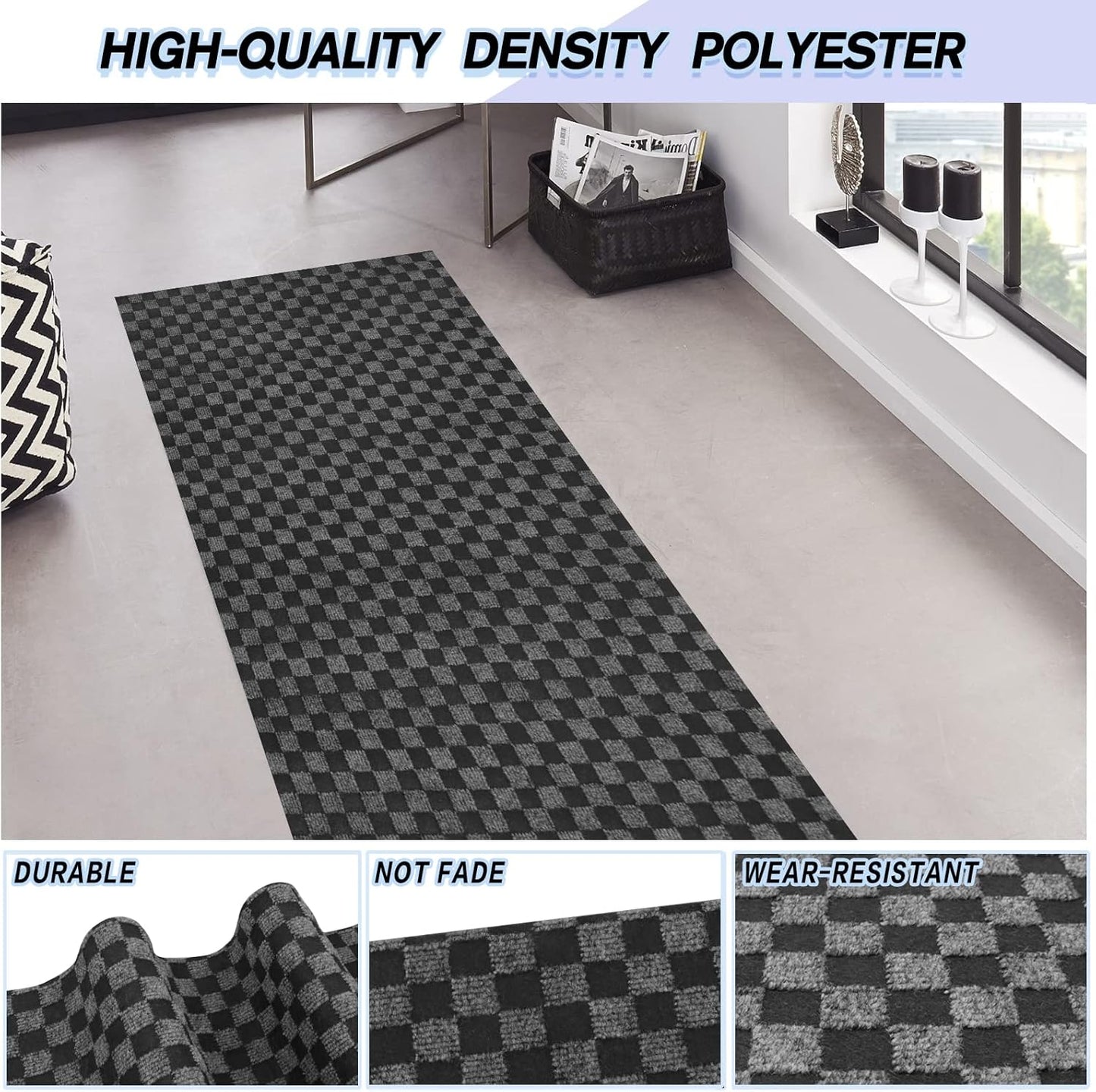 Custom Size Backed Non-Slip Area Rugs Runner, Easy Clean, Waterproof Runner Rugs for Hallway Entryway, Kitchen, Laundry, 2FT x 34FT, Gray Checkered