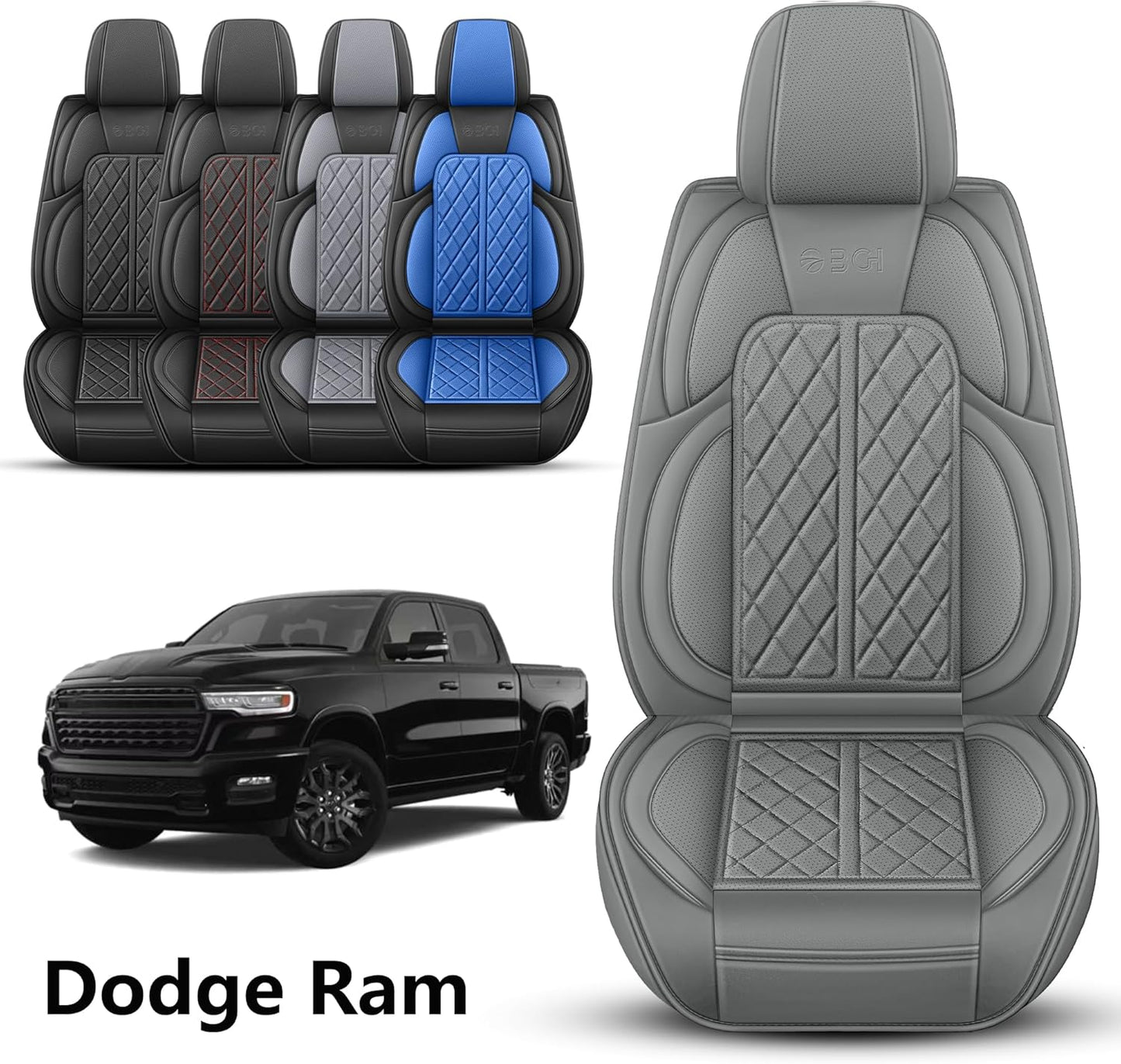 Car Seat Cover Custom Fit for Dodge Ram 1500 2500 3500 2002-2024 Faux Leather Seat Cover Set Compatible with Crew Quad Regular Cab Pickup Truck Cushions (Grey, Full Set, Flat Rear)