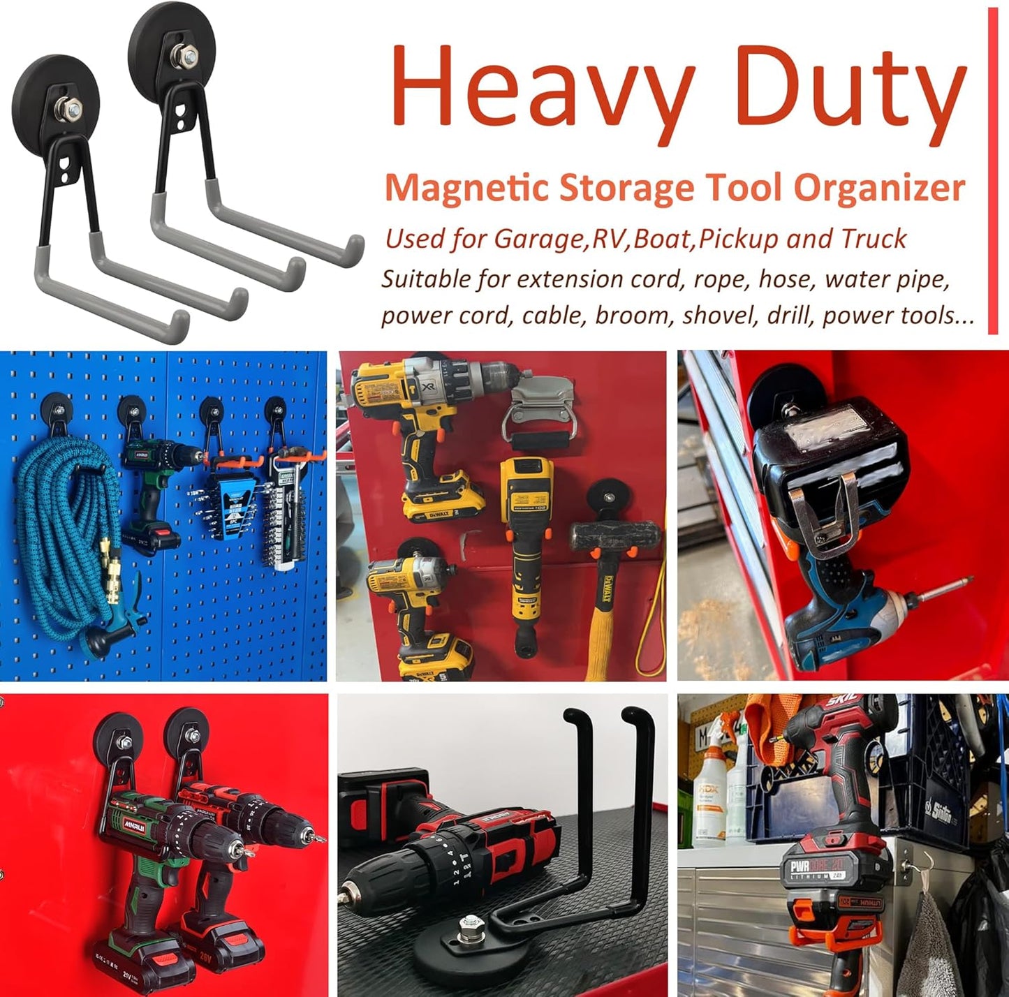 ULIBERMAGNET Magnetic Garage Hook, Cordless Drill Hooks Heavy Duty,Power Tool Organizer,Large Manget with Hooks for Workshop Organization,2 Pack Hook for Drill,Garden Tool(Gray)