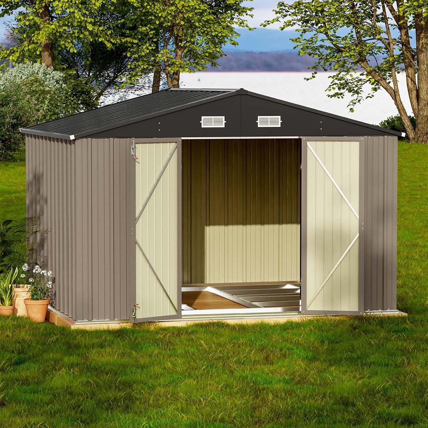 Patiowell 10 x 8 FT Outdoor Storage Shed with Floor Frame, Large Garden Tool Metal Shed with Sloping Roof and Double Lockable Door for Backyard Garden Patio Lawn,Brown
